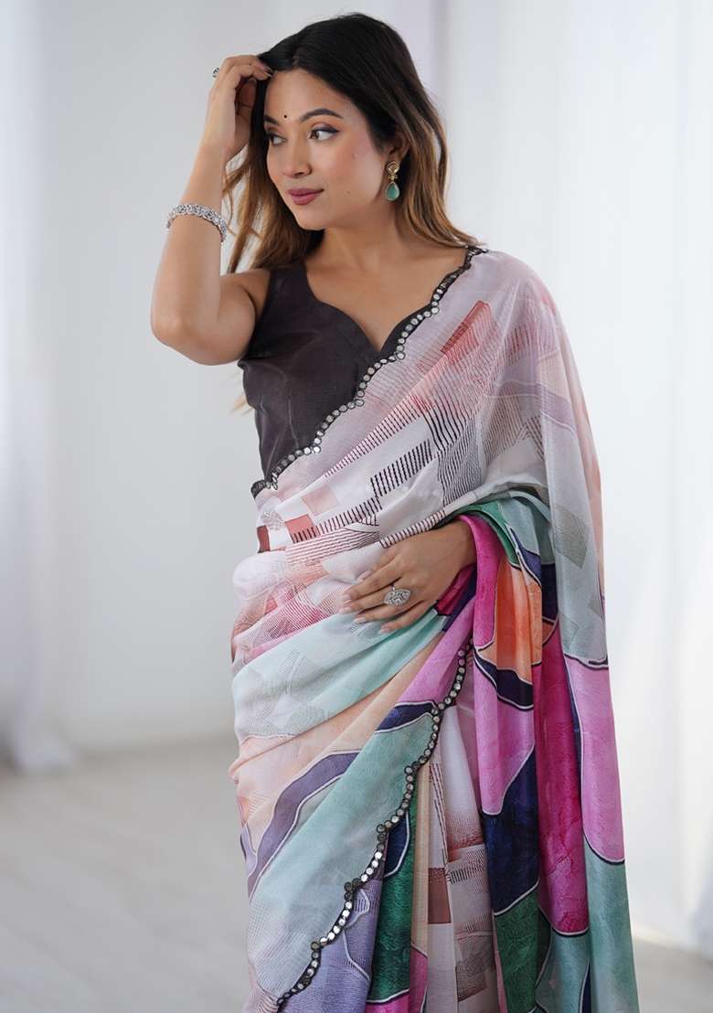 Multicolor Gota Patti Silk Blend Saree Set for Diwali and Festive Wear - Indya