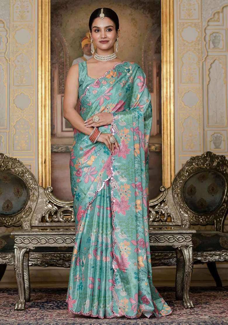 Sky Blue Silk Blend Saree Set with Gota Patti for Diwali | Wedding & Festive Wear - Indya