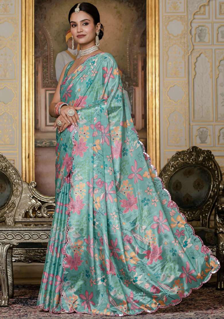 Sky Blue Silk Blend Saree Set with Gota Patti for Diwali | Wedding & Festive Wear - Indya