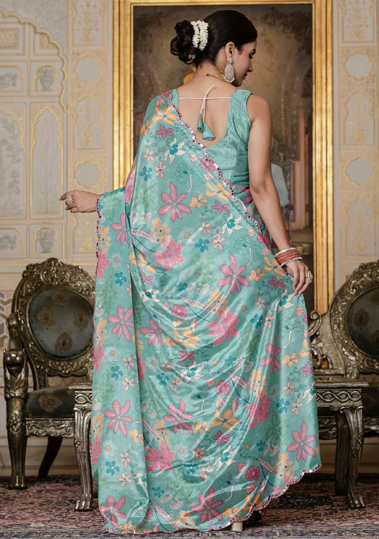 Sky Blue Silk Blend Saree Set with Gota Patti for Diwali | Wedding & Festive Wear - Indya