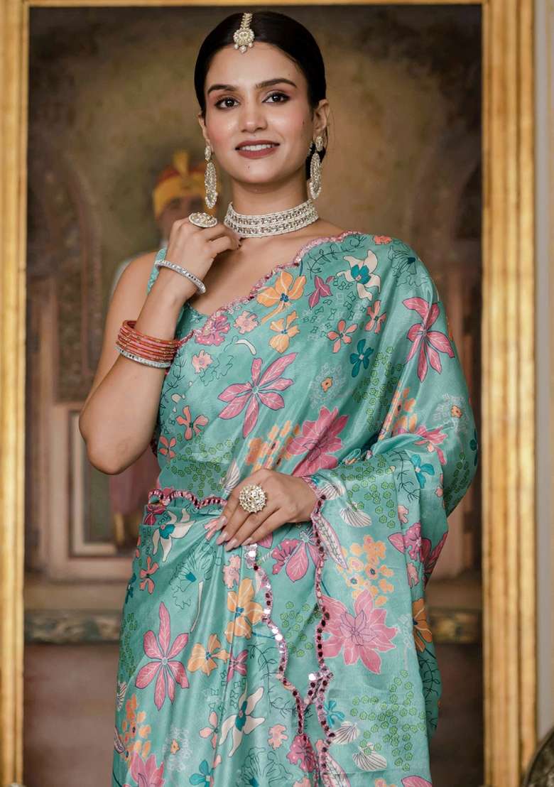 Sky Blue Silk Blend Saree Set with Gota Patti for Diwali | Wedding & Festive Wear - Indya