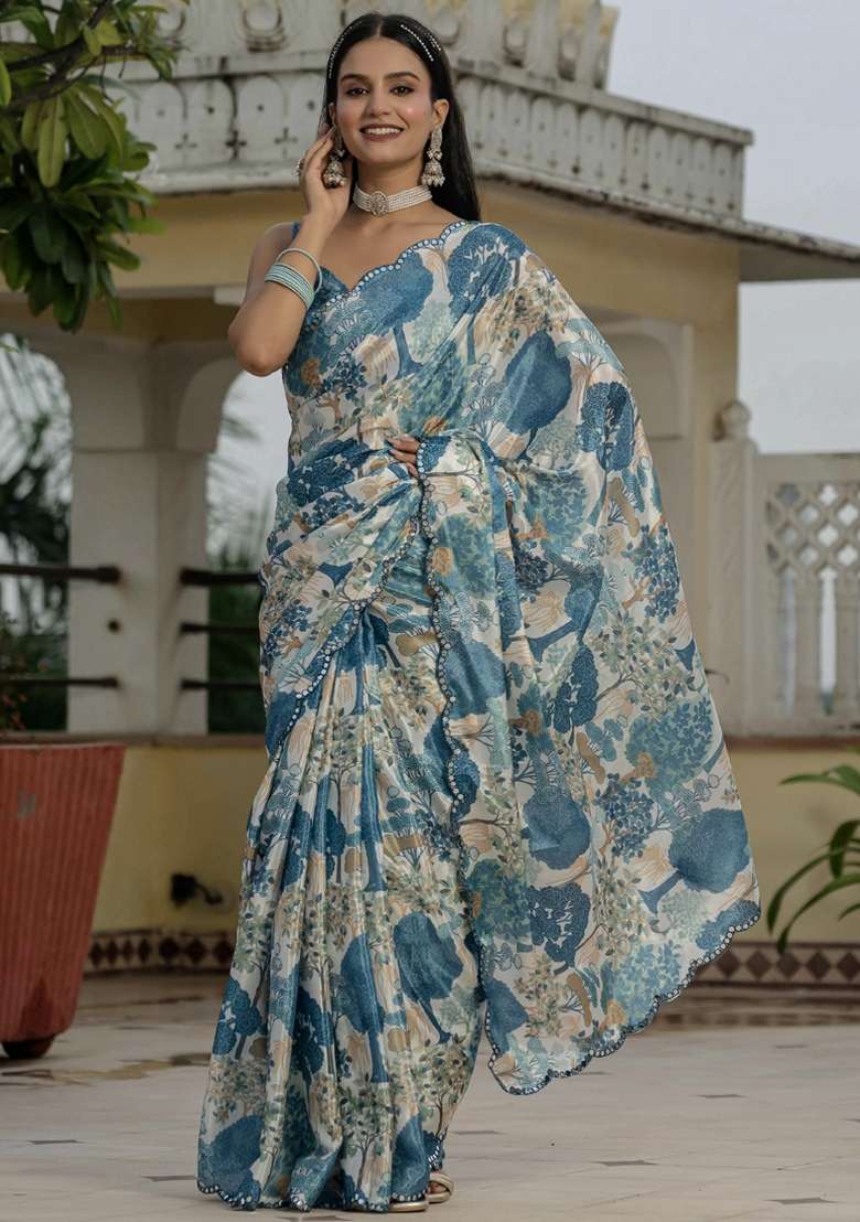 Grey Gota Patti Silk Blend Saree Set for Diwali and Festive Wear - Indya