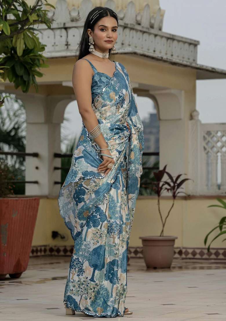 Grey Gota Patti Silk Blend Saree Set for Diwali and Festive Wear - Indya