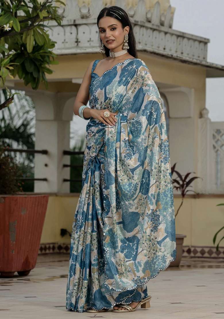 Grey Gota Patti Silk Blend Saree Set for Diwali and Festive Wear - Indya