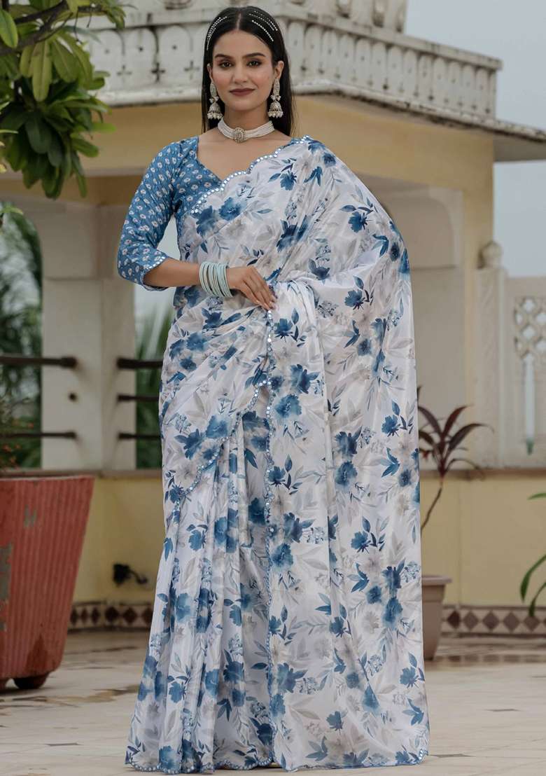 Off White Gota Patti Silk Blend Saree Set for Diwali and Festive Wear - Indya