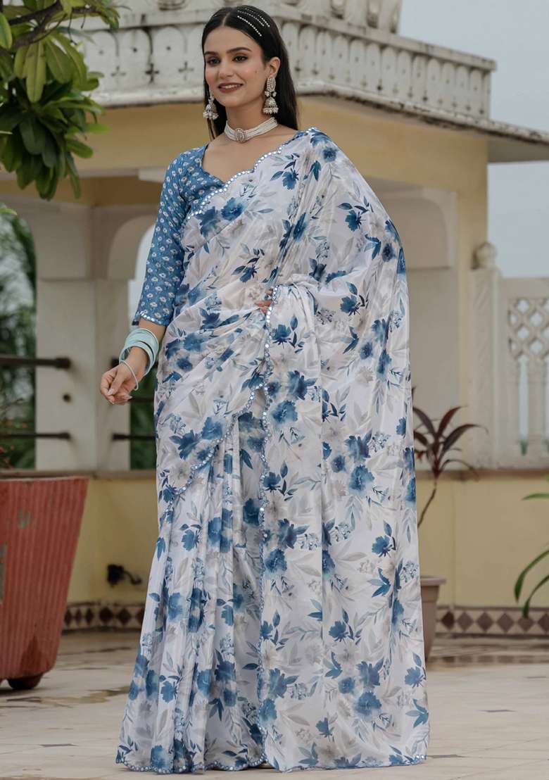 Off White Gota Patti Silk Blend Saree Set for Diwali and Festive Wear - Indya