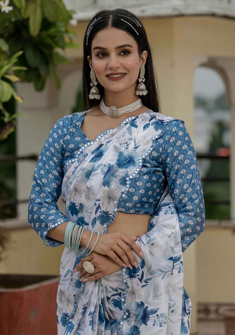Off White Gota Patti Silk Blend Saree Set for Diwali and Festive Wear - Indya
