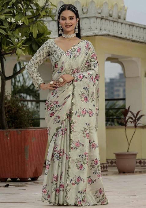 Beige Gota Patti Silk Saree Set