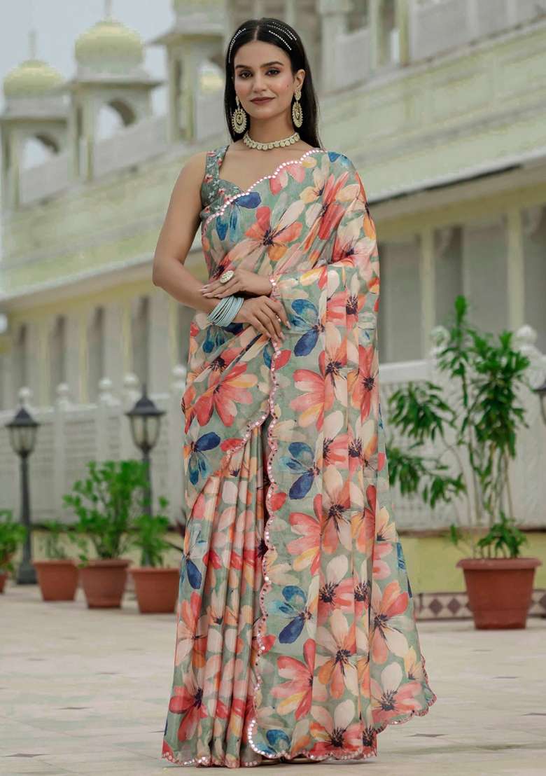 Multicolor Gota Patti Silk Blend Saree Set for Diwali and Festive Wear - Indya