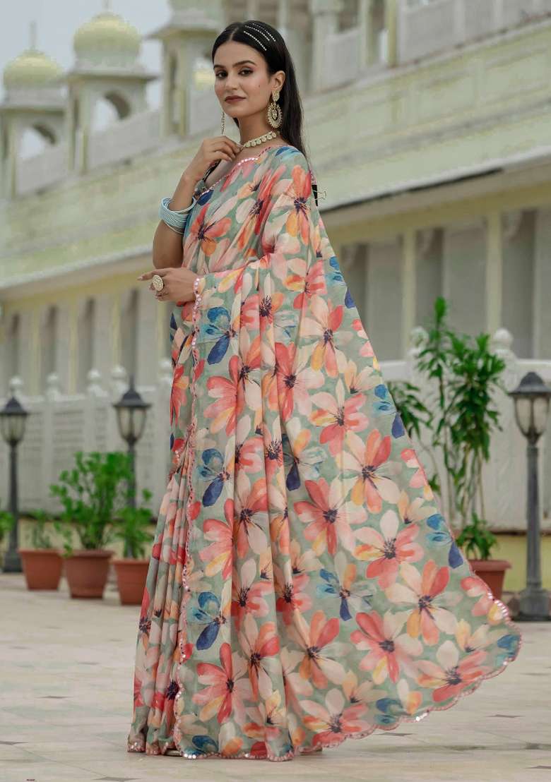 Multicolor Gota Patti Silk Blend Saree Set for Diwali and Festive Wear - Indya