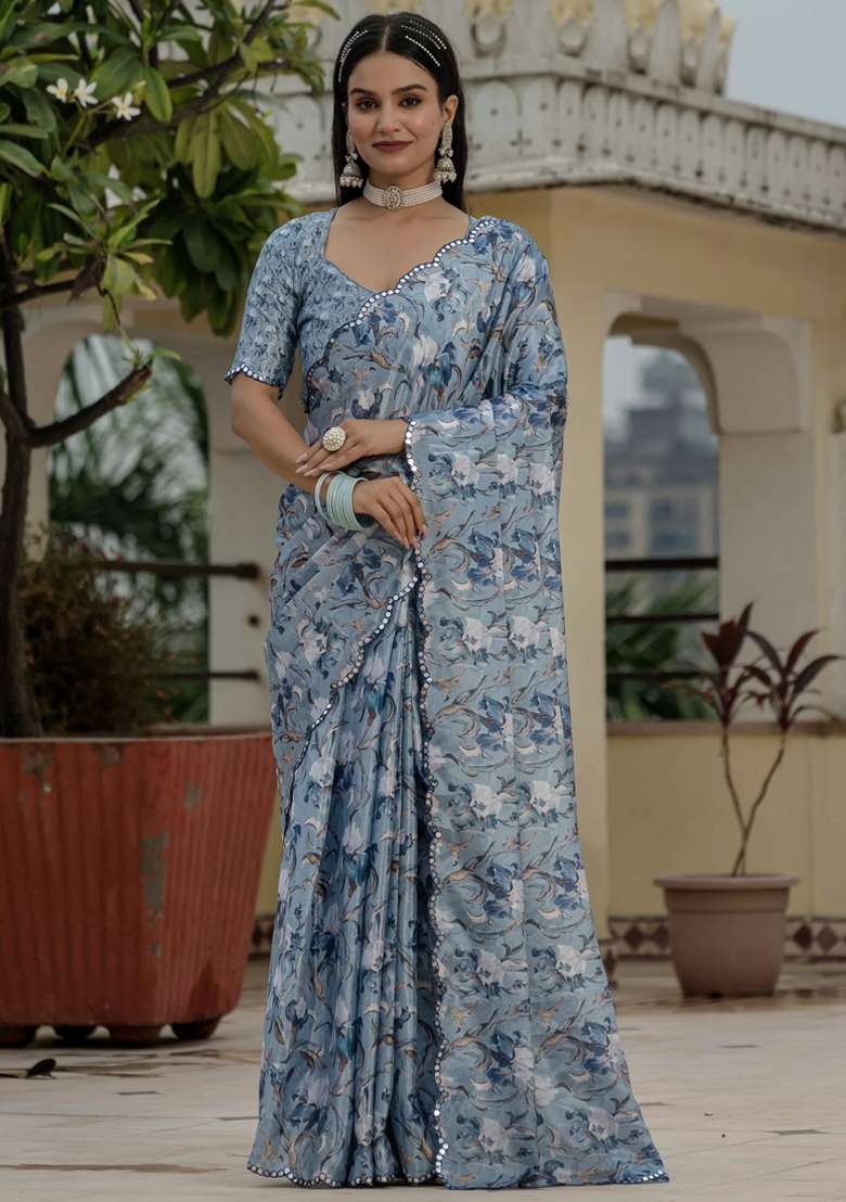 Grey Silk Blend Saree Set with Gota Patti for Diwali | Wedding & Festive Wear - Indya