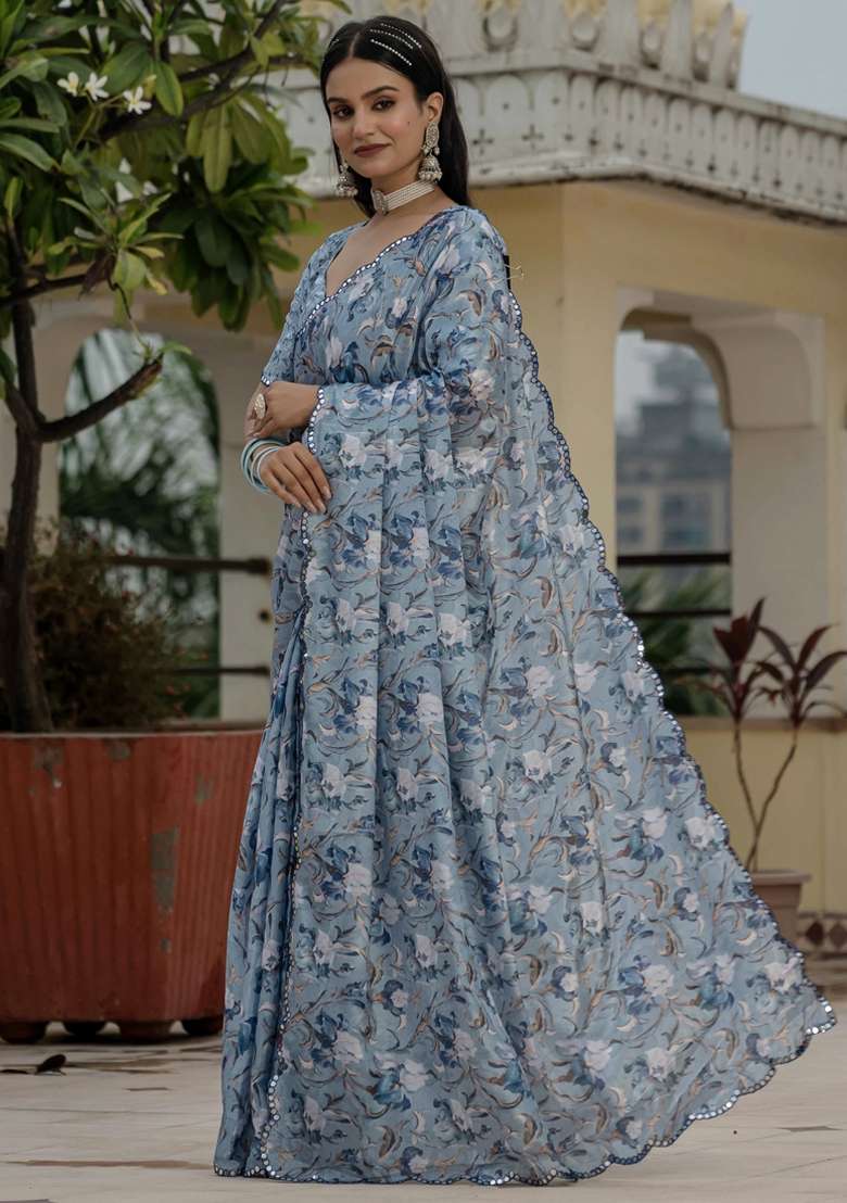 Grey Silk Blend Saree Set with Gota Patti for Diwali | Wedding & Festive Wear - Indya