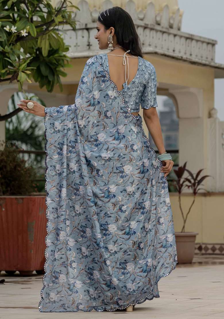 Grey Silk Blend Saree Set with Gota Patti for Diwali | Wedding & Festive Wear - Indya