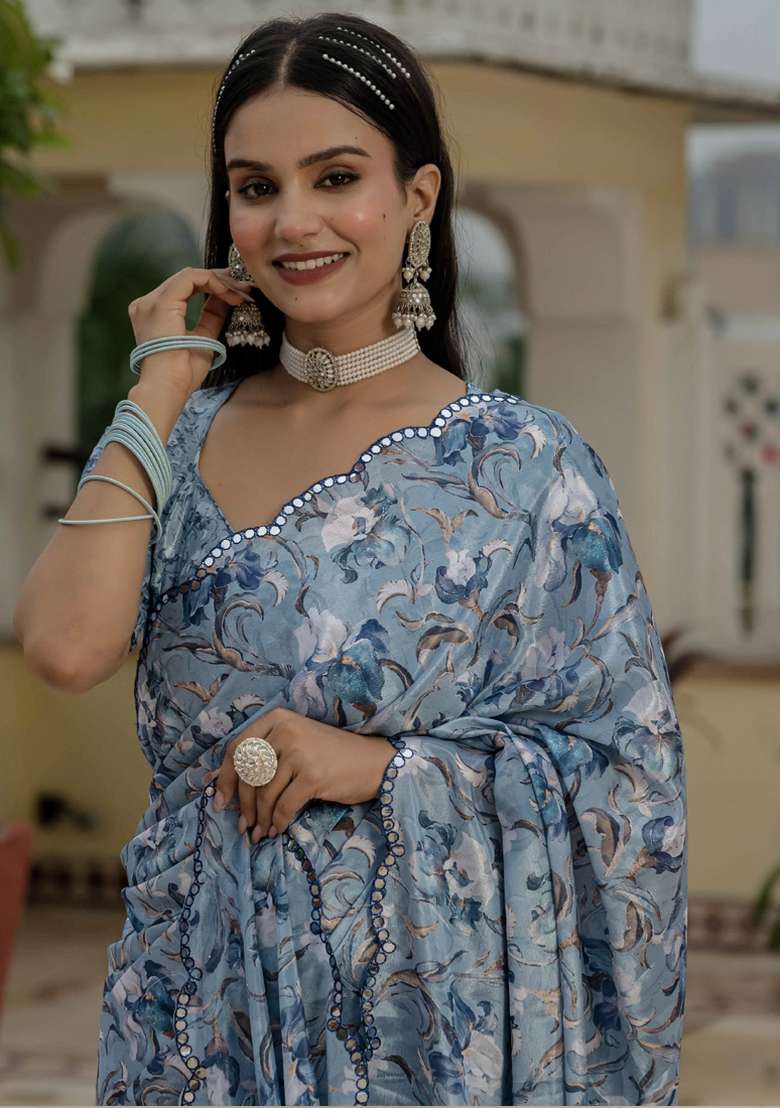 Grey Silk Blend Saree Set with Gota Patti for Diwali | Wedding & Festive Wear - Indya