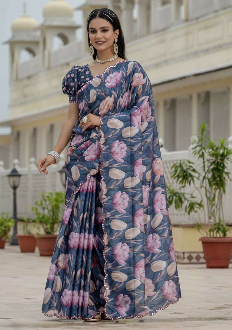 Grey Silk Blend Saree Set with Gota Patti for Diwali | Wedding & Festive Wear - Indya