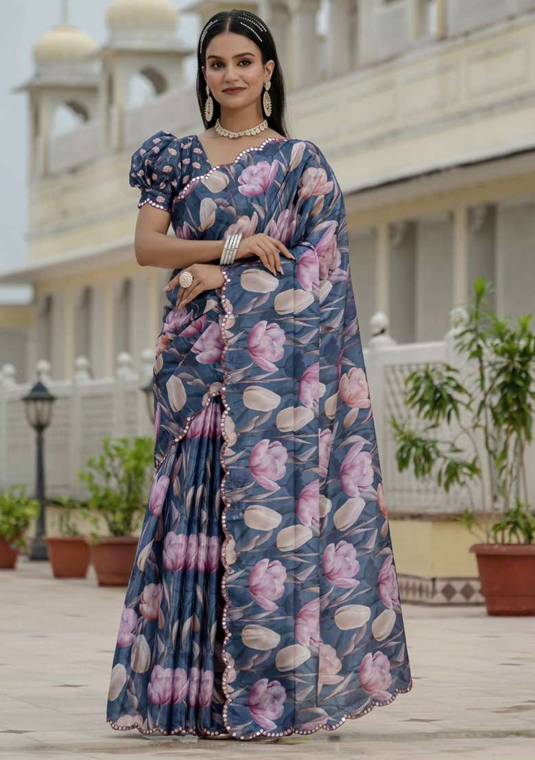 Grey Silk Blend Saree Set with Gota Patti for Diwali | Wedding & Festive Wear - Indya