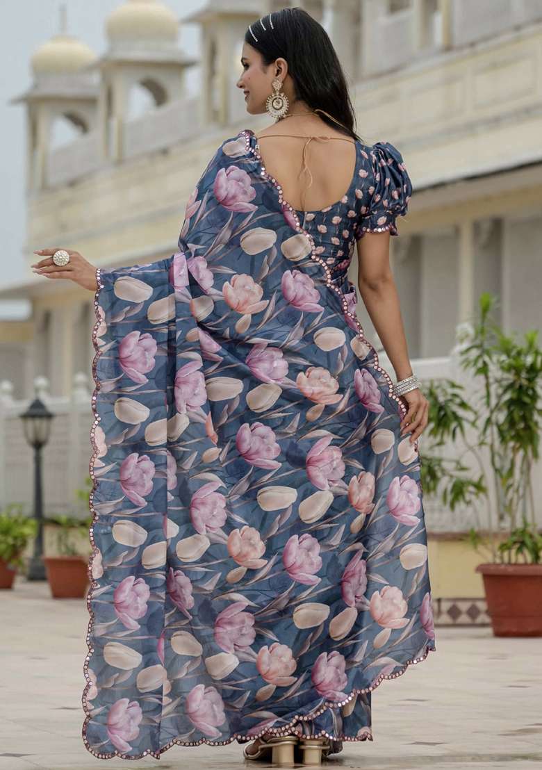 Grey Silk Blend Saree Set with Gota Patti for Diwali | Wedding & Festive Wear - Indya