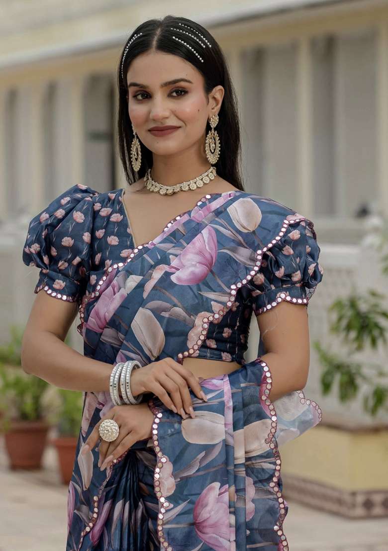 Grey Silk Blend Saree Set with Gota Patti for Diwali | Wedding & Festive Wear - Indya