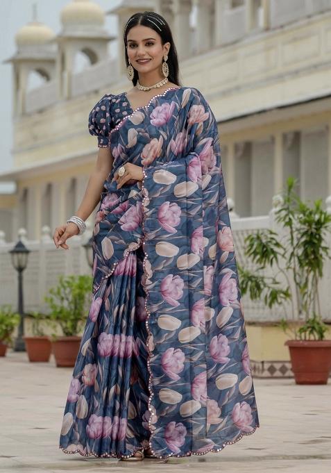 Grey Gota Patti Silk Saree Set