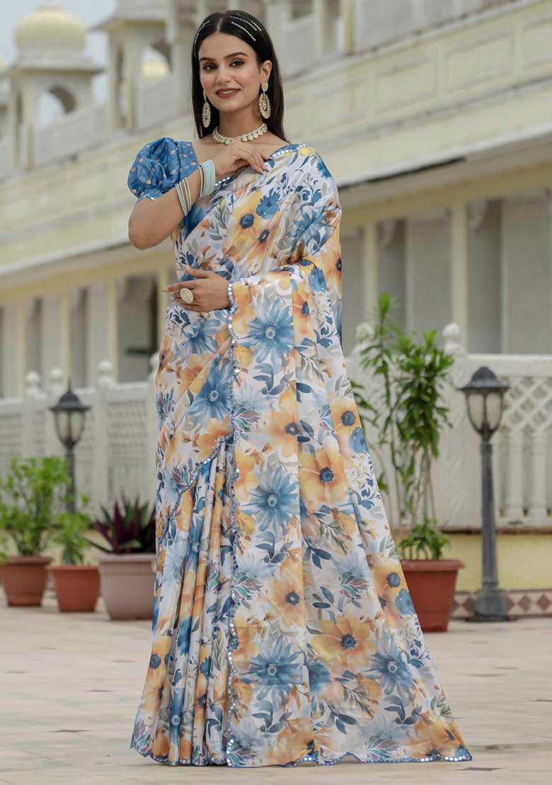 Off White Gota Patti Silk Blend Saree Set for Diwali and Festive Wear - Indya