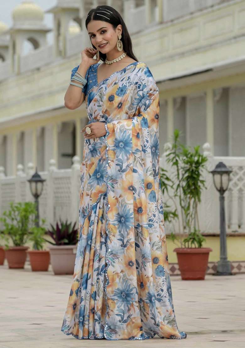 Off White Gota Patti Silk Blend Saree Set for Diwali and Festive Wear - Indya