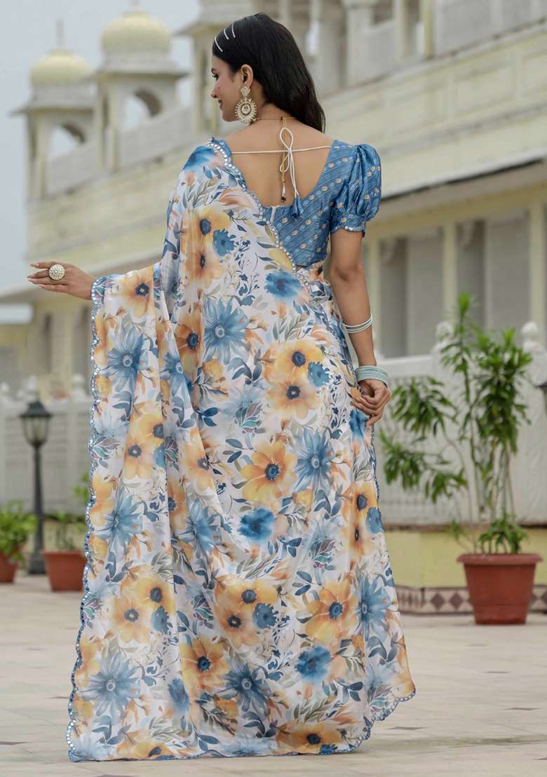 Off White Gota Patti Silk Blend Saree Set for Diwali and Festive Wear - Indya