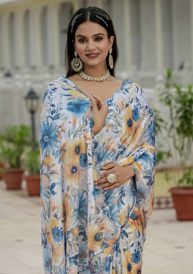 Off White Gota Patti Silk Blend Saree Set for Diwali and Festive Wear - Indya