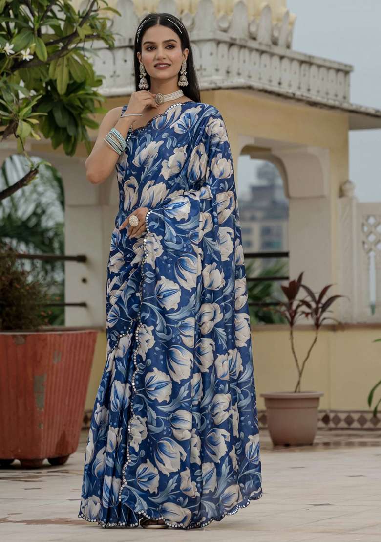 Blue Silk Blend Saree Set with Gota Patti for Diwali | Wedding & Festive Wear - Indya