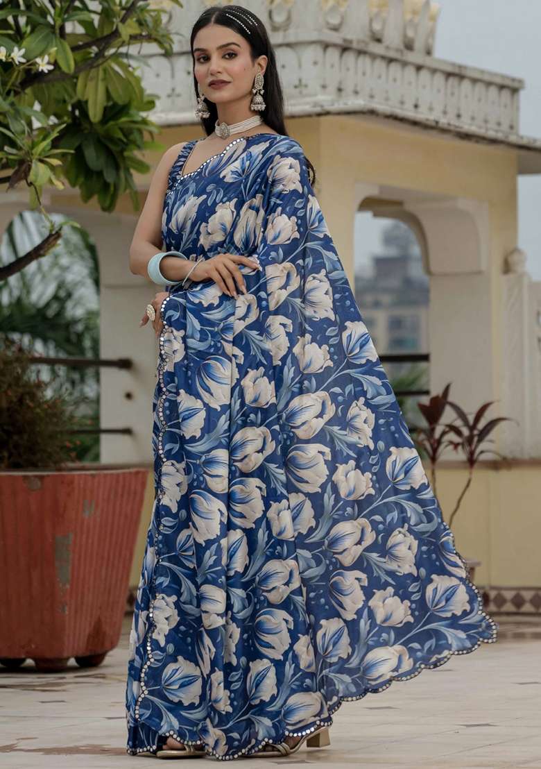 Blue Silk Blend Saree Set with Gota Patti for Diwali | Wedding & Festive Wear - Indya