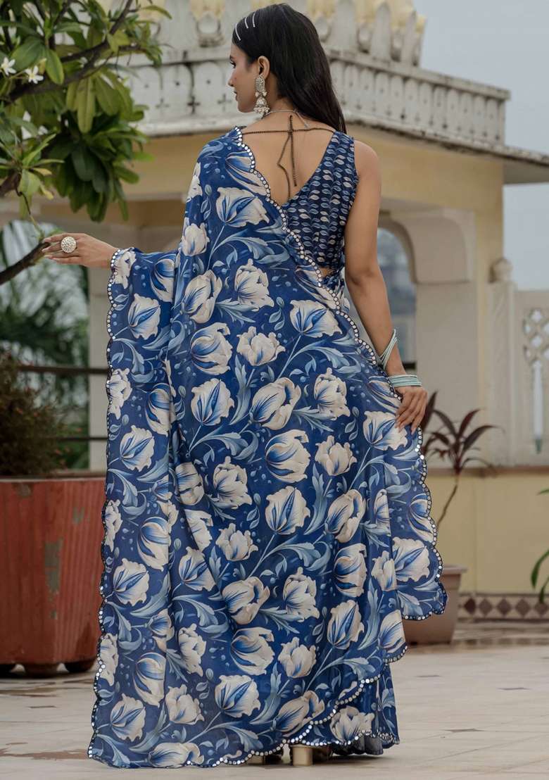 Blue Silk Blend Saree Set with Gota Patti for Diwali | Wedding & Festive Wear - Indya