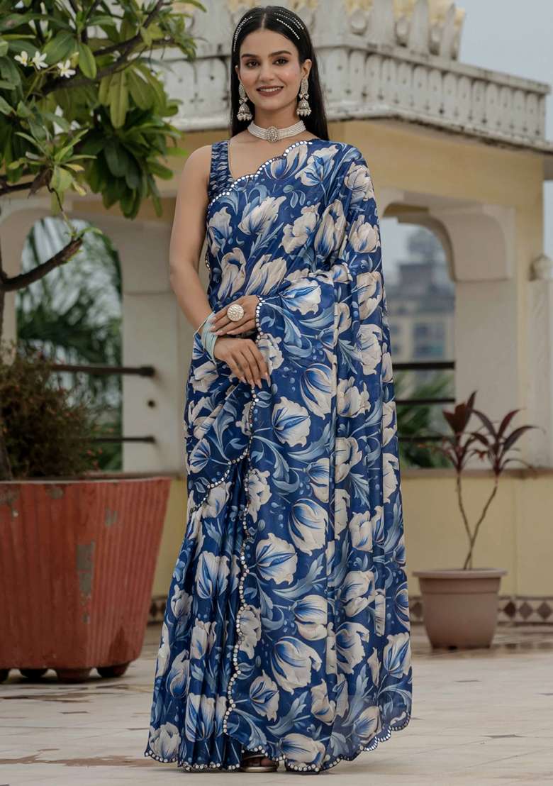 Blue Silk Blend Saree Set with Gota Patti for Diwali | Wedding & Festive Wear - Indya