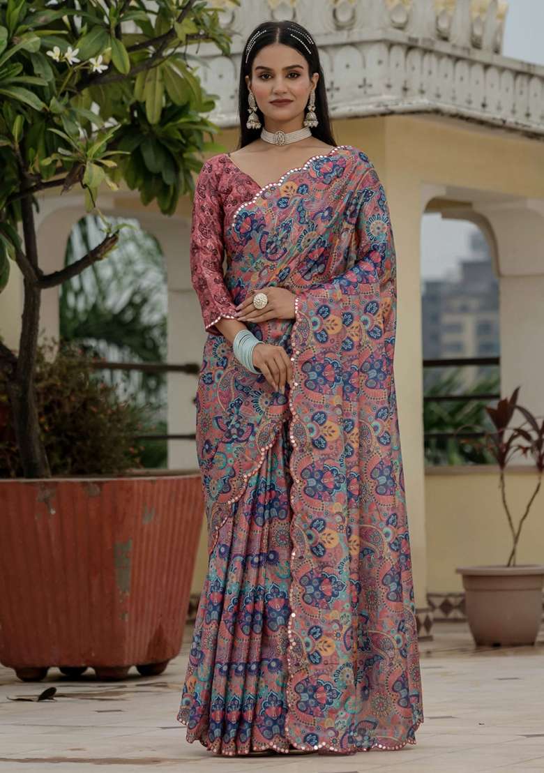 Multicolor Gota Patti Silk Blend Saree Set for Diwali and Festive Wear - Indya