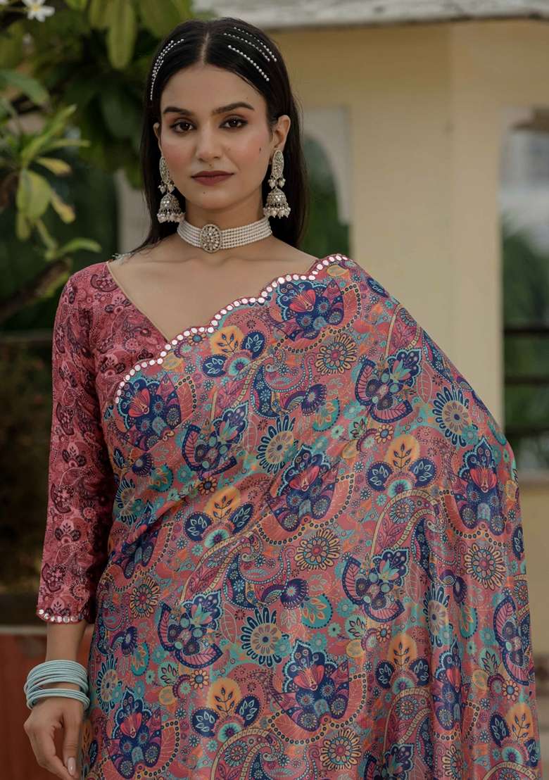 Multicolor Gota Patti Silk Blend Saree Set for Diwali and Festive Wear - Indya