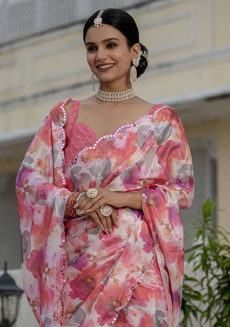 Multicolor Gota Patti Silk Blend Saree Set for Diwali and Festive Wear - Indya