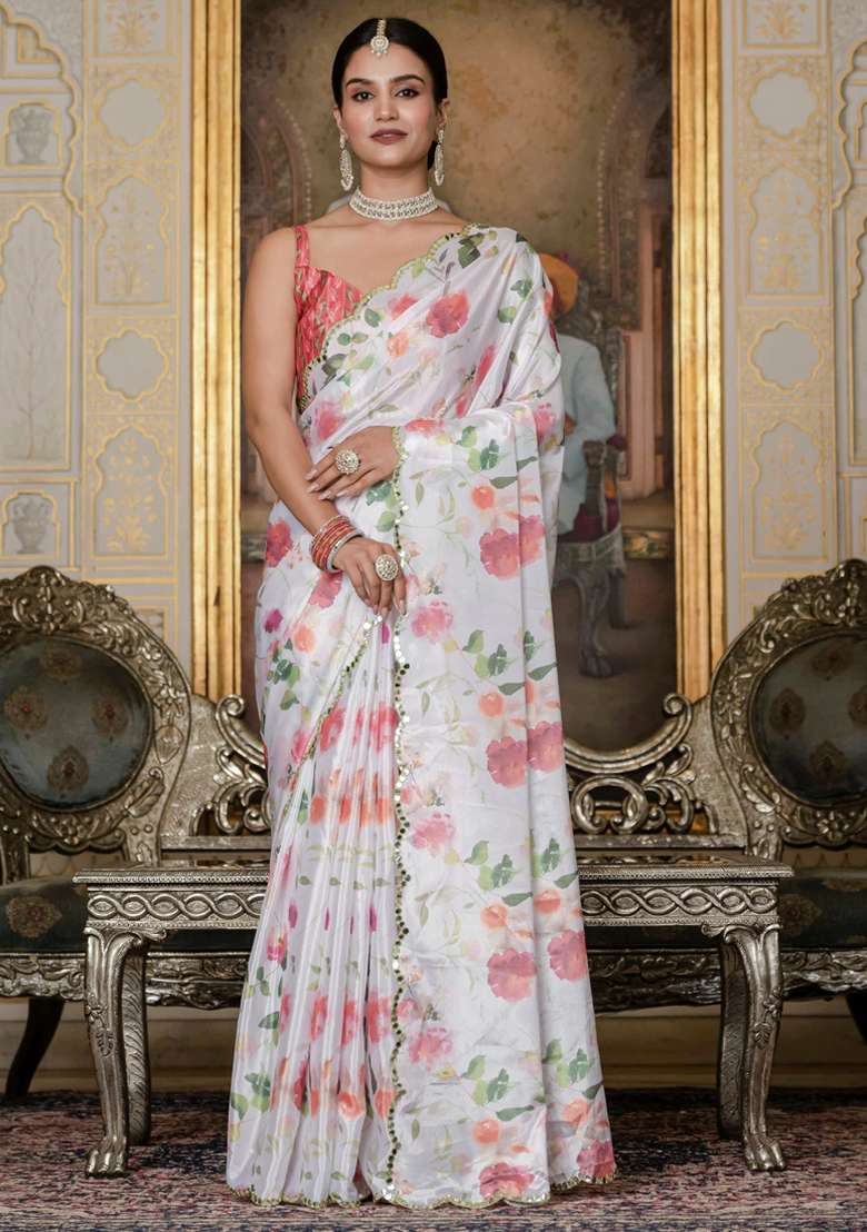 Off White Gota Patti Silk Blend Saree Set for Diwali and Festive Wear - Indya