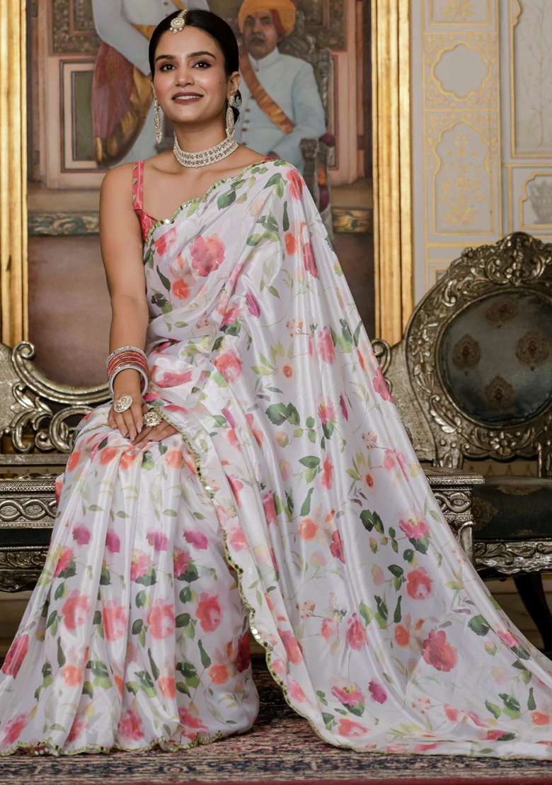 Off White Gota Patti Silk Blend Saree Set for Diwali and Festive Wear - Indya