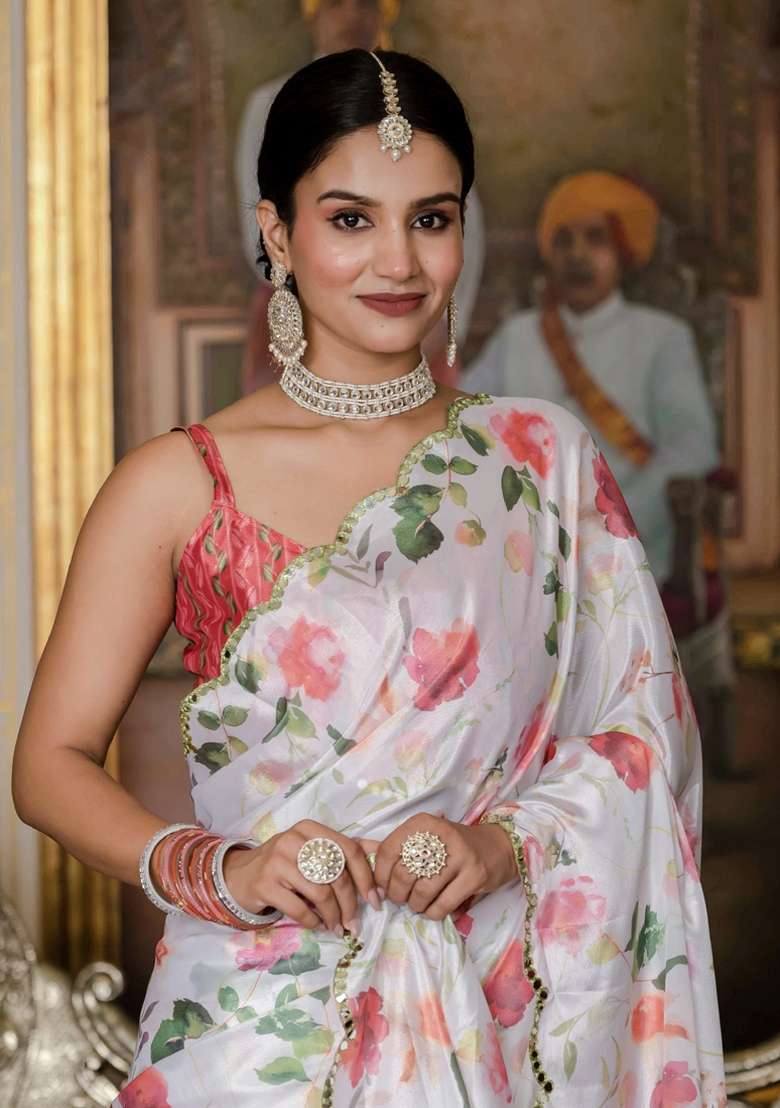 Off White Gota Patti Silk Blend Saree Set for Diwali and Festive Wear - Indya
