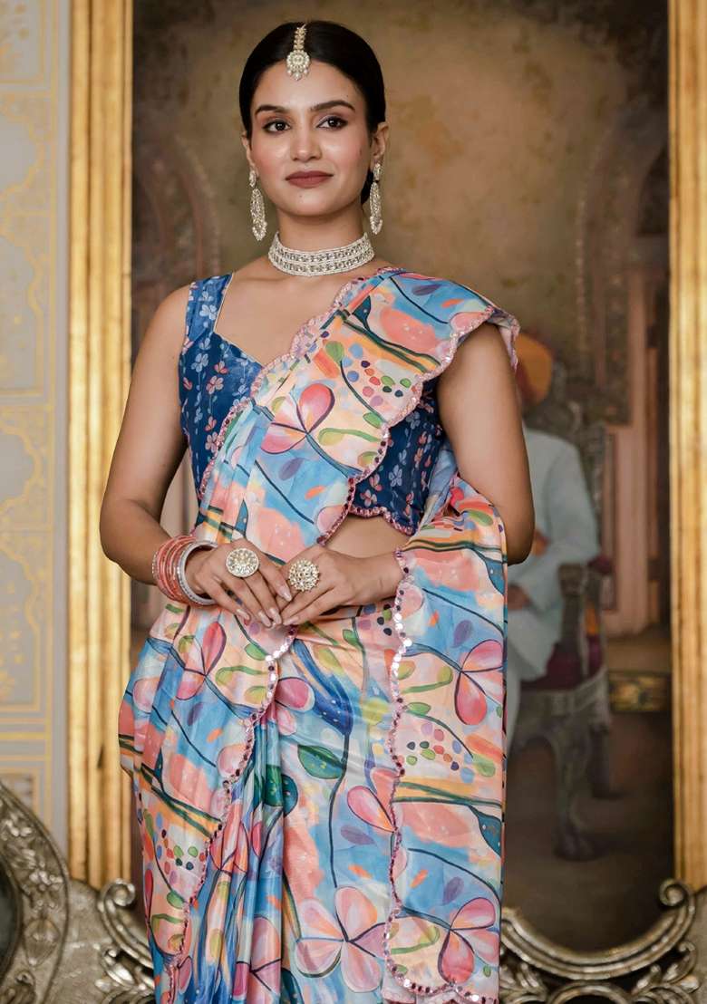 Multicolor Silk Blend Saree Set with Gota Patti for Diwali | Wedding & Festive Wear - Indya