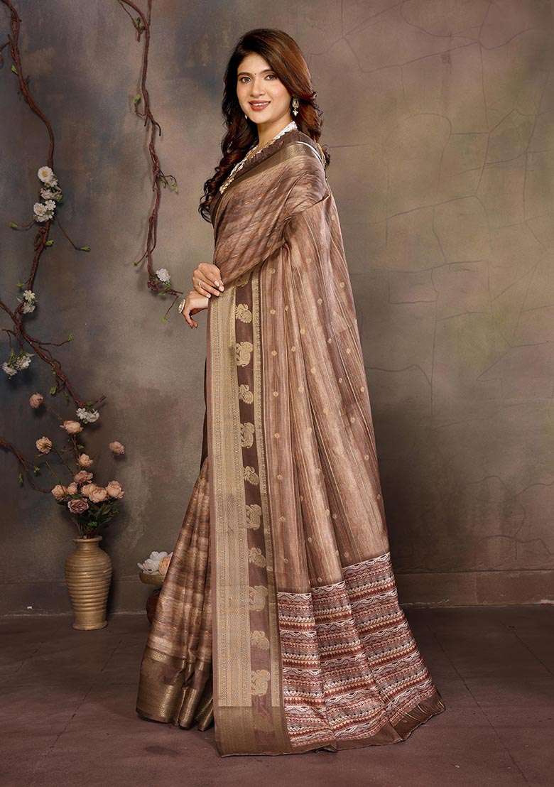 Brown Printed Silk Blend Saree Set - Indya