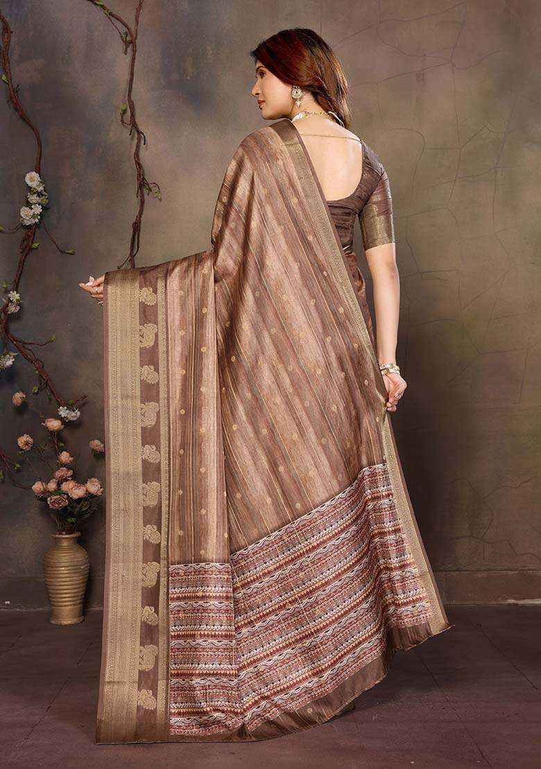 Brown Printed Silk Blend Saree Set - Indya