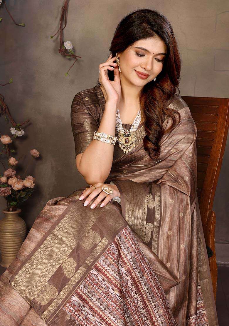 Brown Printed Silk Blend Saree Set - Indya
