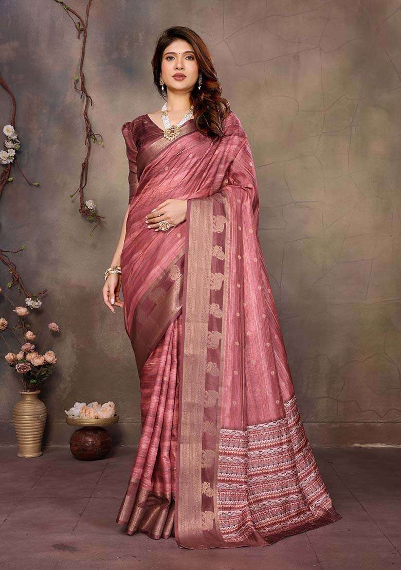 Maroon Printed Silk Blend Saree Set for Diwali and Festive Wear - Indya