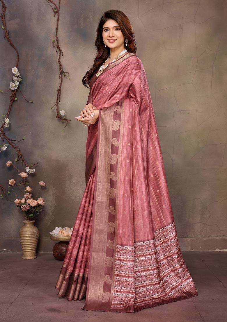 Maroon Printed Silk Blend Saree Set for Diwali and Festive Wear - Indya