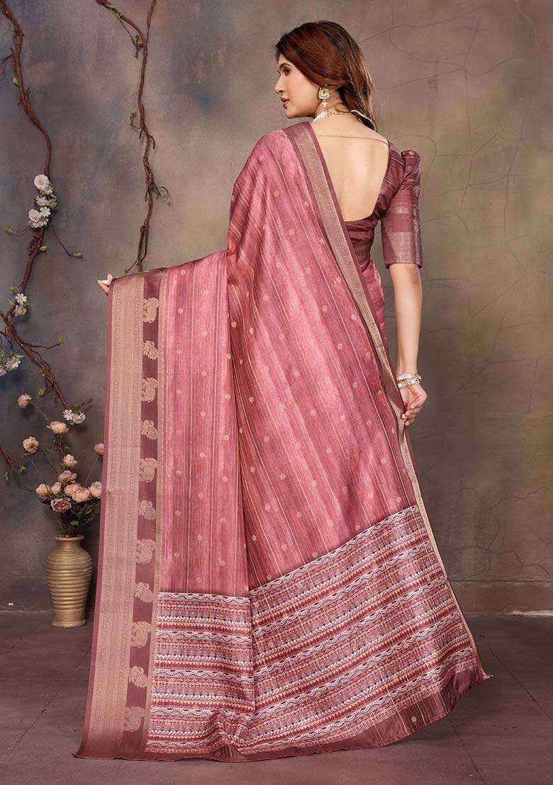 Maroon Printed Silk Blend Saree Set for Diwali and Festive Wear - Indya