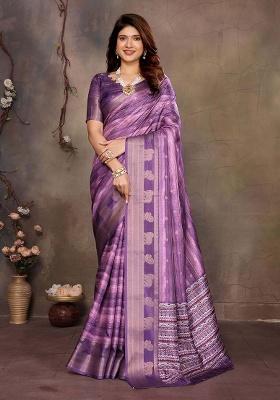 Purple Printed Silk Saree Set
