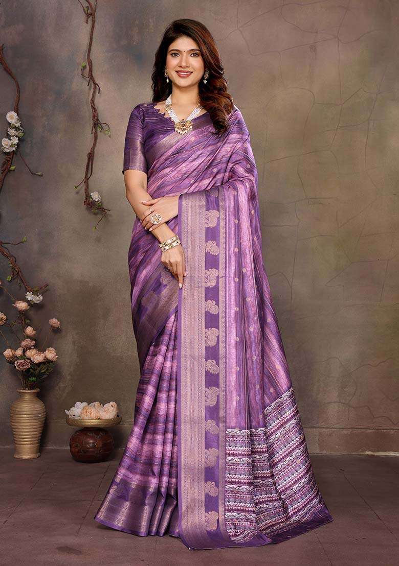 Purple Printed Silk Blend Saree Set - Indya