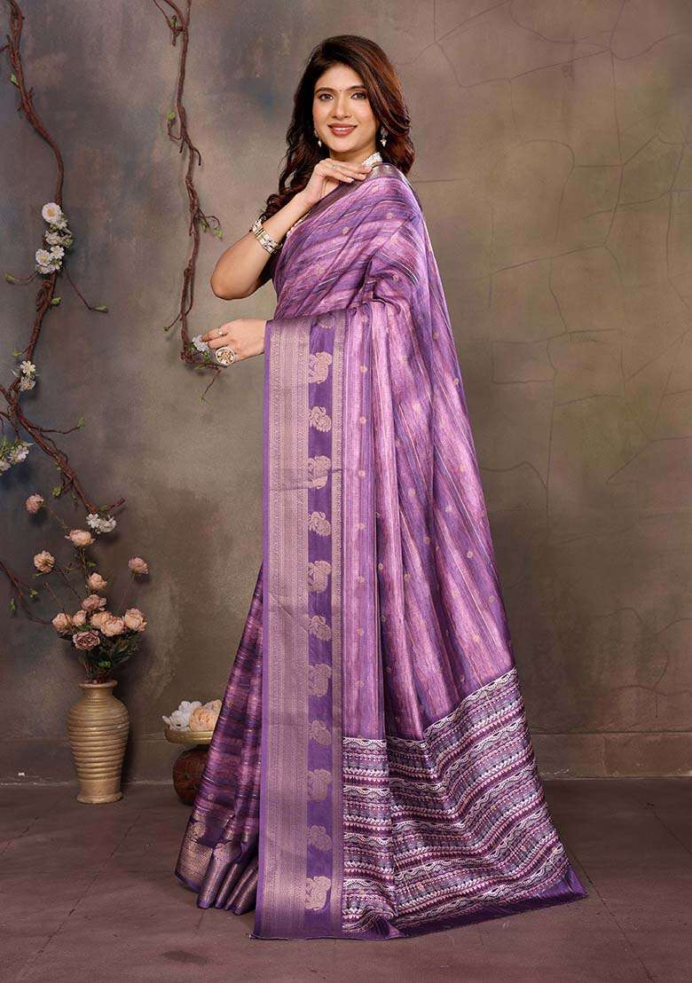 Purple Printed Silk Blend Saree Set - Indya