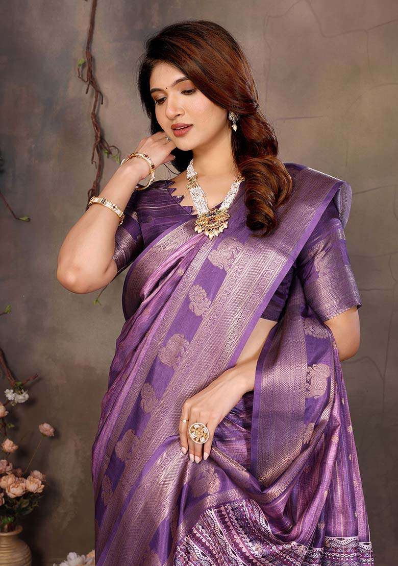 Purple Printed Silk Blend Saree Set - Indya