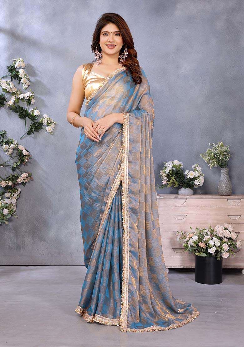 Blue Printed Satin Saree Set - Indya