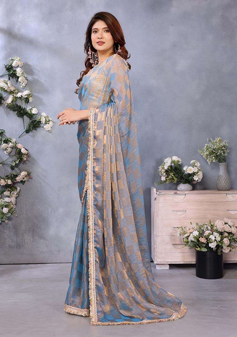 Blue Printed Satin Saree Set - Indya